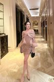  Váy nâu bóng bẹt vai tay dài LINH PHUNG 