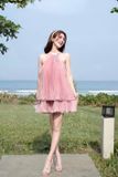  Váy ngắn xếp ly cổ yếm hồng FLANE 