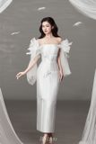  Váy trắng bút chì cúp ngực tay nơ LOVELYN 
