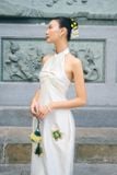  Váy trắng cổ yếm thêu hoa xanh LALIN 