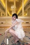  Váy trắng ngắn đính bông hết váy LEGER 
