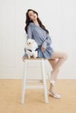  Váy xanh tay dài bẹt vai 1 bên RECHIC 