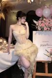  Set áo cúp ngực hoa nổi và chân váy tầng chéo LEGER 