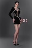  Váy đen ngắn tay dài vòng ngực đinh dây đá BANDAGE DRESS 