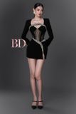  Váy đen ngắn tay dài vòng ngực đinh dây đá BANDAGE DRESS 