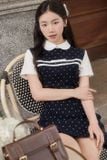  Váy xanh đen chấm bi ngắn cổ và tay áo trắng JOIE DES ROSE 