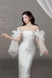  Váy trắng bút chì cúp ngực tay nơ LOVELYN 