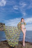  Set bikini viền xanh và áo choàng vàng cam XITA 