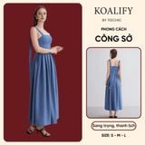  Váy Liền Đầm Hai Dây Cổ Vuông Màu Xanh Koalify By Teechic Form Dài Tôn Dáng Vải Đũi Lụa Có Lót Sẵn 