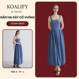  Váy Liền Đầm Hai Dây Cổ Vuông Màu Xanh Koalify By Teechic Form Dài Tôn Dáng Vải Đũi Lụa Có Lót Sẵn 