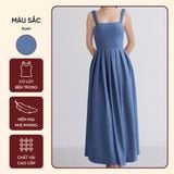  Váy Liền Đầm Hai Dây Cổ Vuông Màu Xanh Koalify By Teechic Form Dài Tôn Dáng Vải Đũi Lụa Có Lót Sẵn 