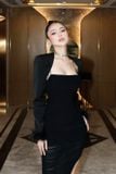 Váy lông đen tay dài xẻ đùi MAEL FEMME 