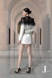  Váy vest trắng vai phối lông đen JADEITE TH 