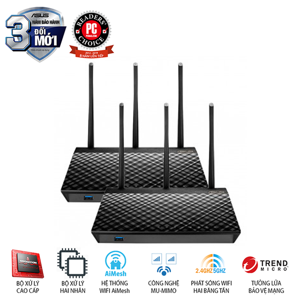  ASUS RT AC67U (2PK) Chuẩn AC1900 AiMesh 360 WIFI Mesh, 2 băng tần, chipset Broadcom, AiProtection, USB 3.0 