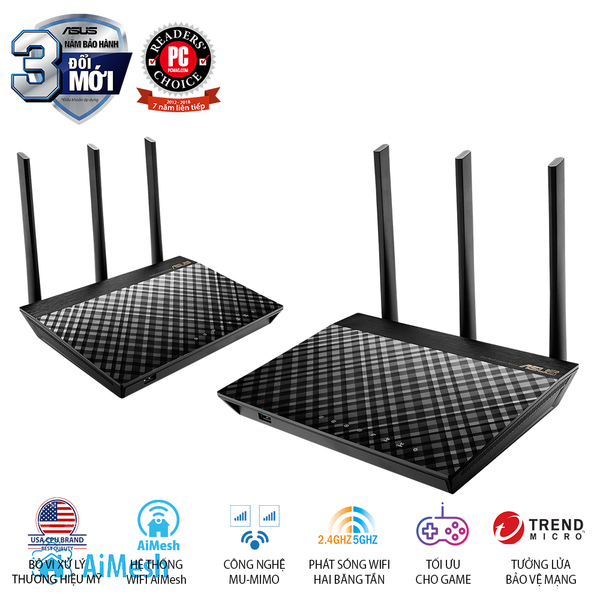  ASUS RT AC67U (2PK) Chuẩn AC1900 AiMesh 360 WIFI Mesh, 2 băng tần, chipset Broadcom, AiProtection, USB 3.0 