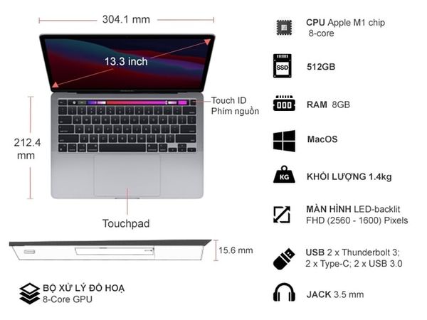  Macbook Pro 13 2020 M1 8GB 256GB MYDA2SA/A - Silver 