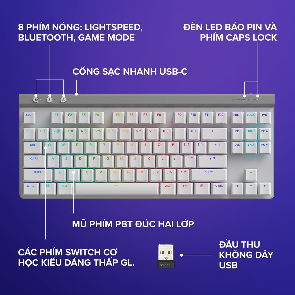 GEARCN - Bàn phím Logitech G515 TKL Lightspeed Wireless RGB Trắng