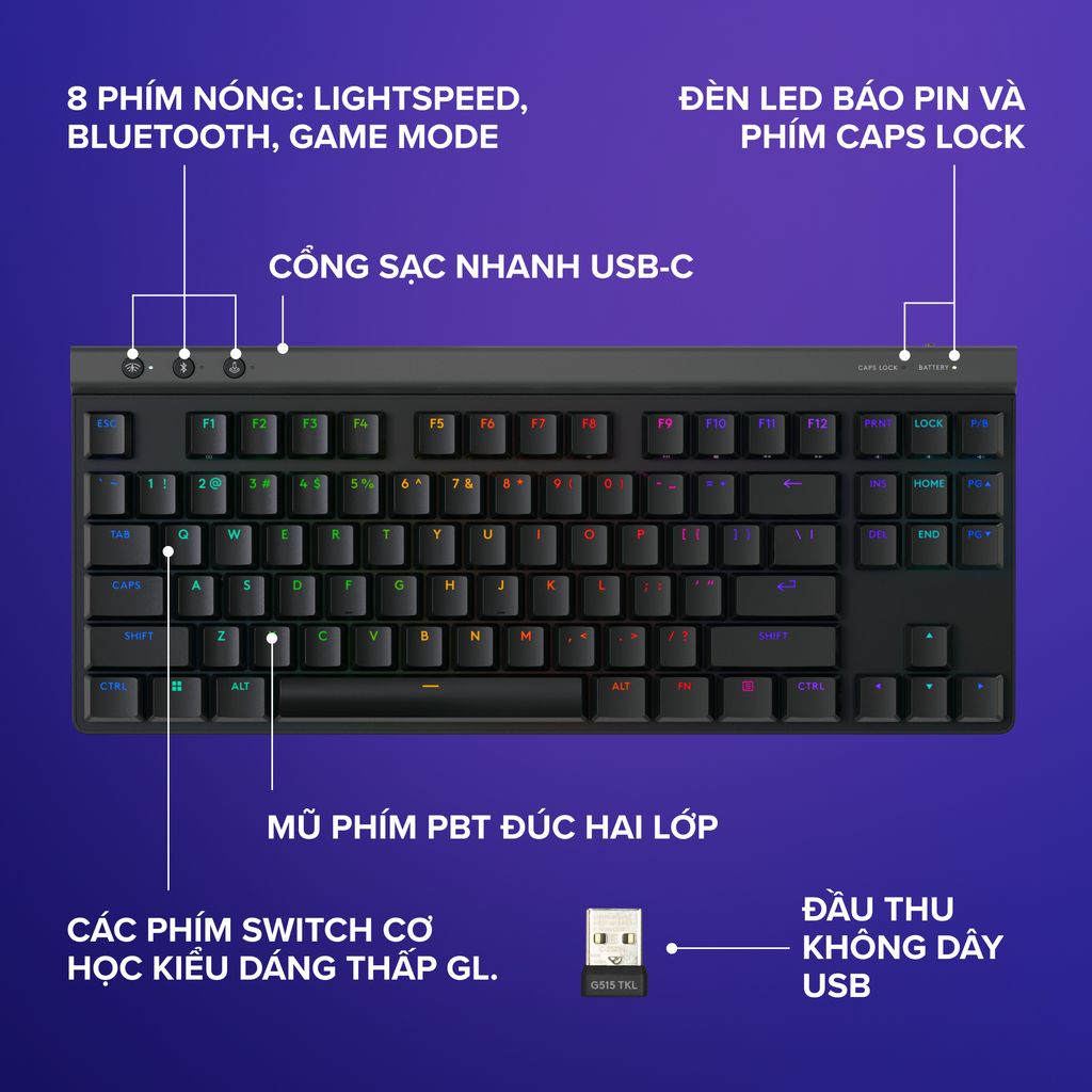 GEARVN - Bàn phím Logitech G515 TKL Lightspeed Wireless RGB Đen