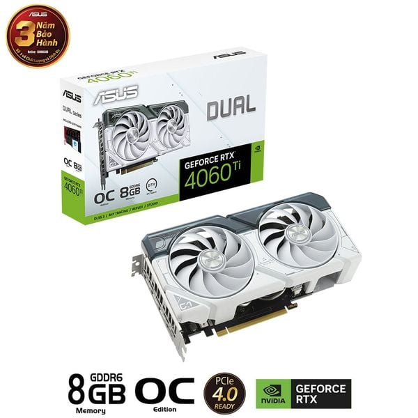 Card màn hình ASUS Dual GeForce RTX 4060 Ti White OC Edition 8GB (DUAL-RTX4060TI-O8G-WHITE)