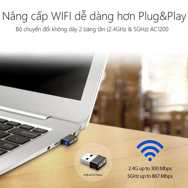  ASUS USB-AC53 Chuẩn AC1200, thiết kế USB nhỏ gọn, 2 băng tần 