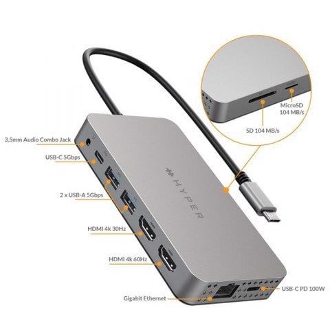  Cổng chuyển Hyperdrive Dual 4k HDMI 10-IN-1 USB-C Hub for Macbook M1 (HDM1H) 