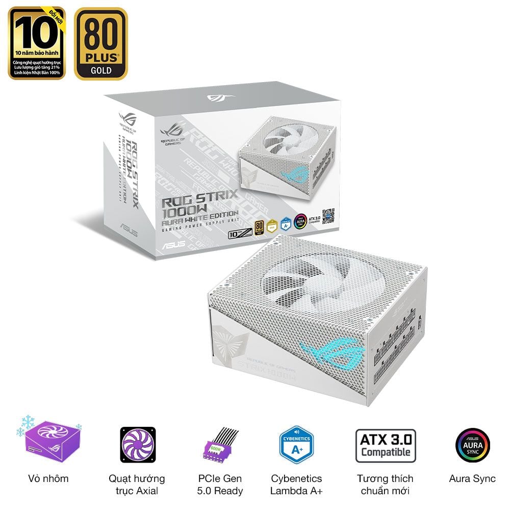 Nguồn Máy Tính Asus Rog Strix 1000W Aura White Edition - 80 Plus Gold - Full Modular (1000W)