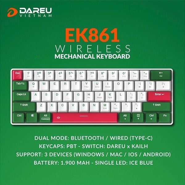  Bàn phím DareU EK861 Green White Bluetooth 