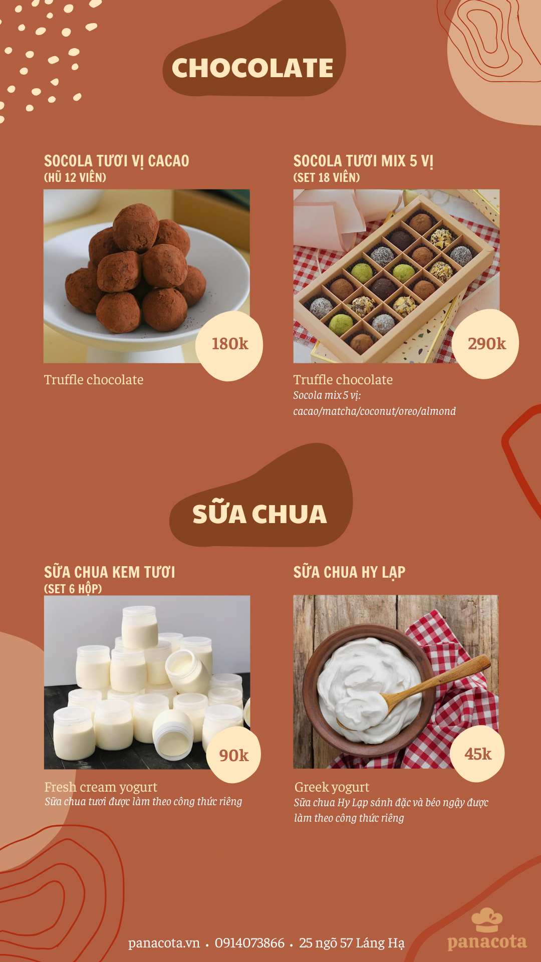 Menu bánh tươi mỗi ngày – Tiệm bánh Panacota