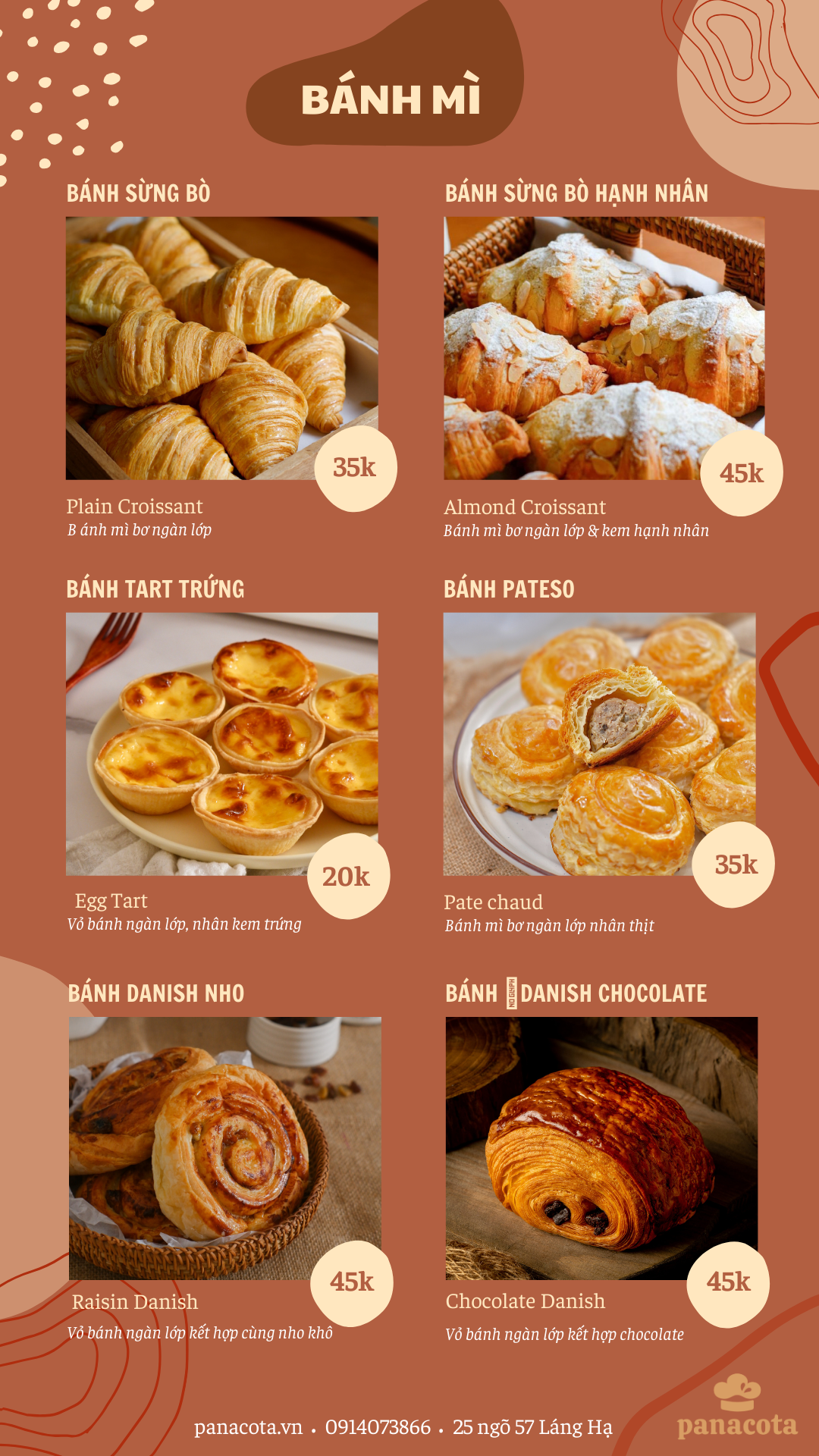 Menu bánh tươi mỗi ngày – Tiệm bánh Panacota