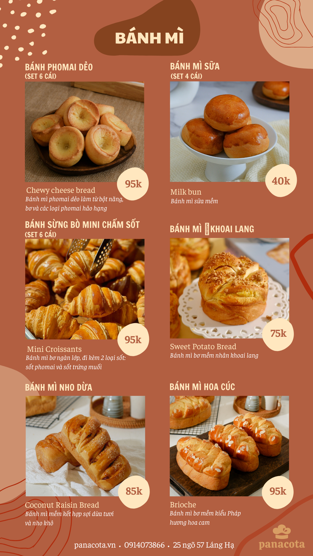 Menu bánh tươi mỗi ngày – Tiệm bánh Panacota