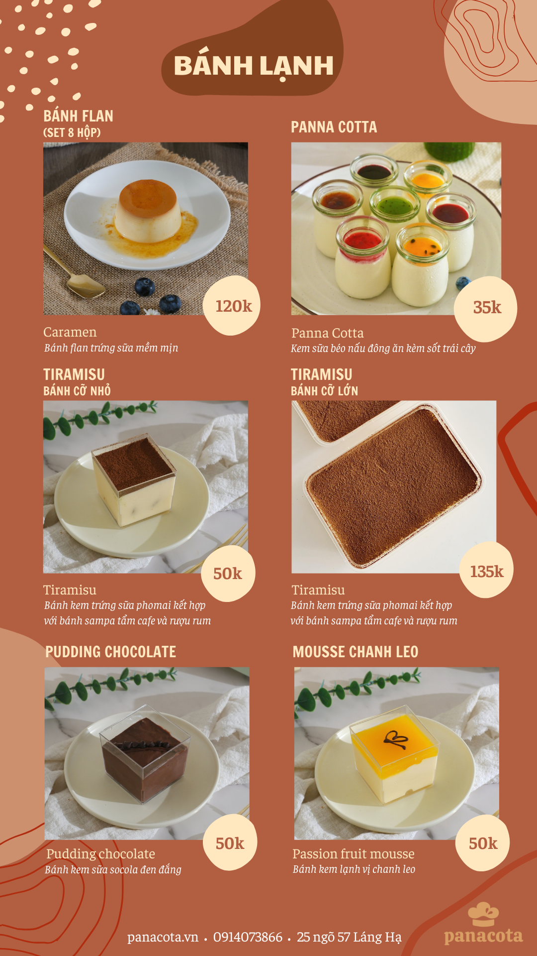 Menu bánh tươi mỗi ngày – Tiệm bánh Panacota