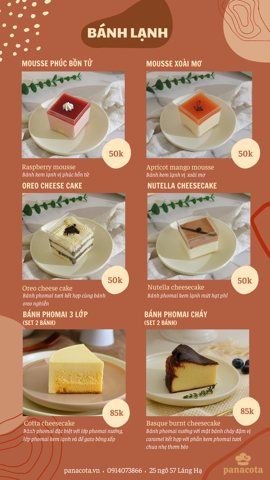 Menu bánh tươi mỗi ngày – Tiệm bánh Panacota