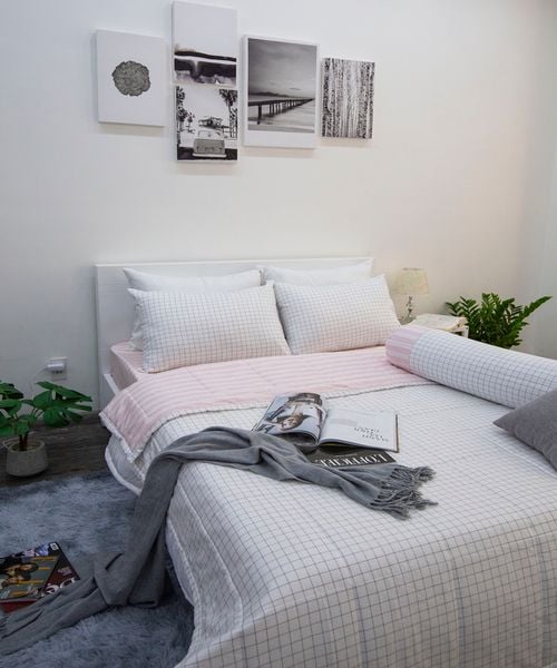 BỘ CHĂN GA COTTON CM CARO TRẮNG HỒNG - NGỌC HẠNH BEDDING
