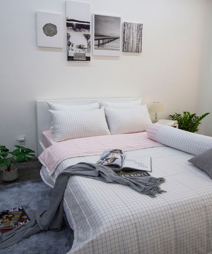  BỘ CHĂN GA COTTON CM CARO TRẮNG HỒNG - NGỌC HẠNH BEDDING 