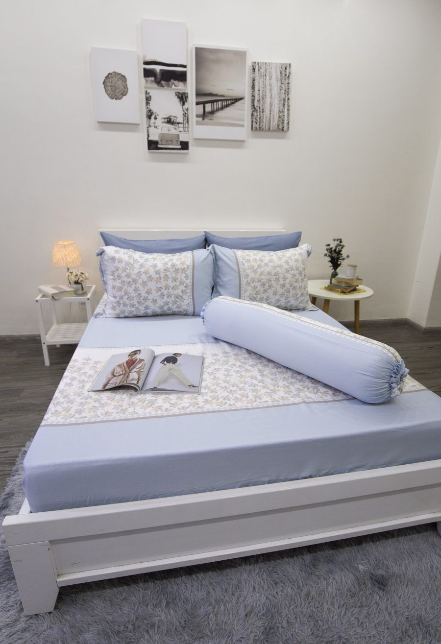  Bộ Drap Giường tencel lụa Sọc Xanh Biển Bông Nhí - Ngọc Hạnh Bedding 
