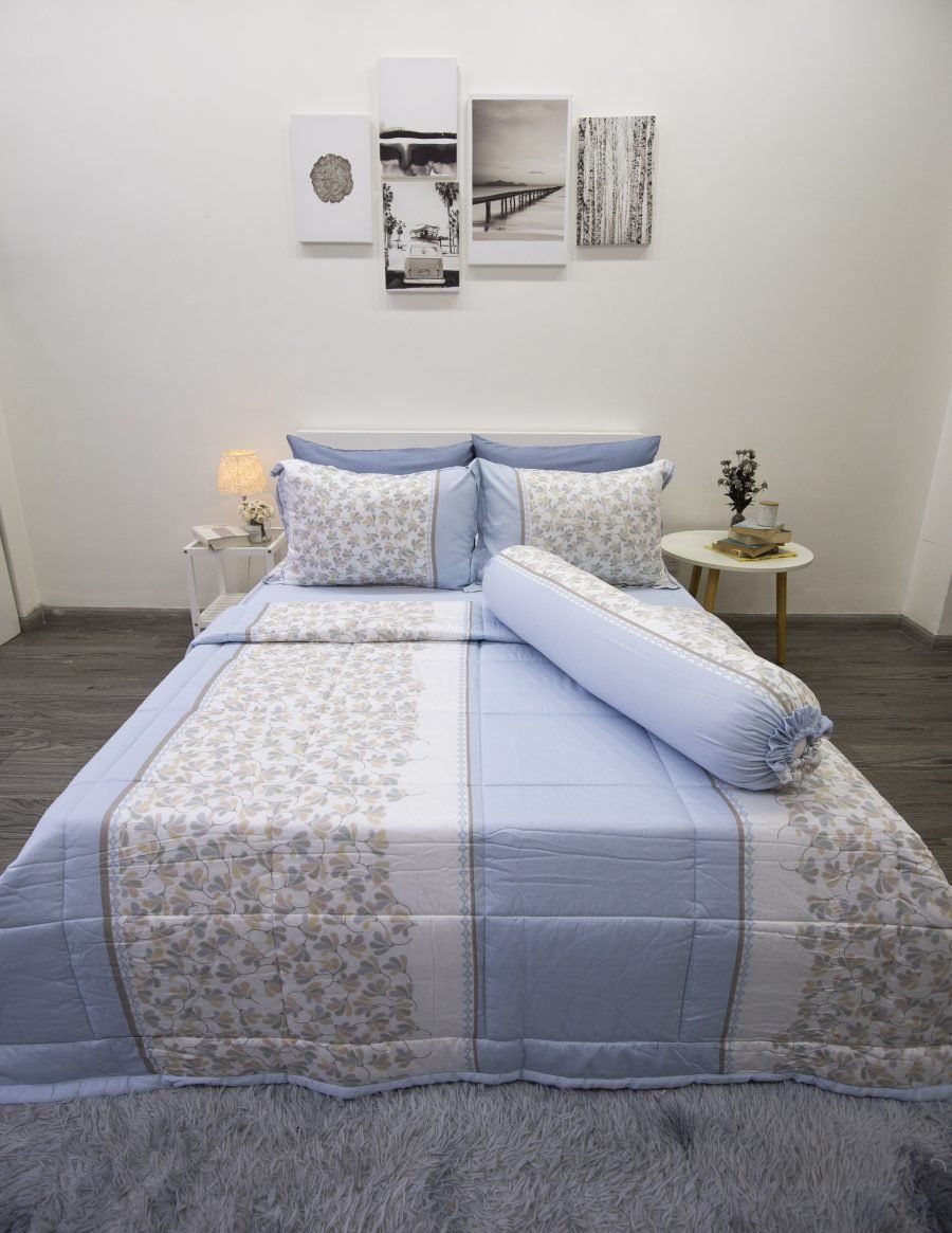  Bộ Drap Giường tencel lụa Sọc Xanh Biển Bông Nhí - Ngọc Hạnh Bedding 