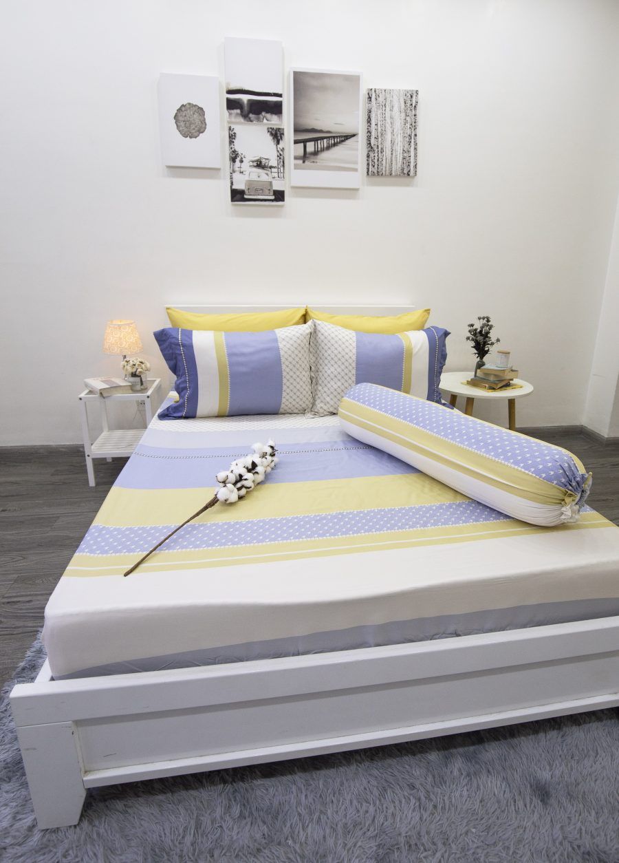  Bộ drap giường tencel lụa Sọc Tím Vàng - Ngọc Hạnh Bedding 