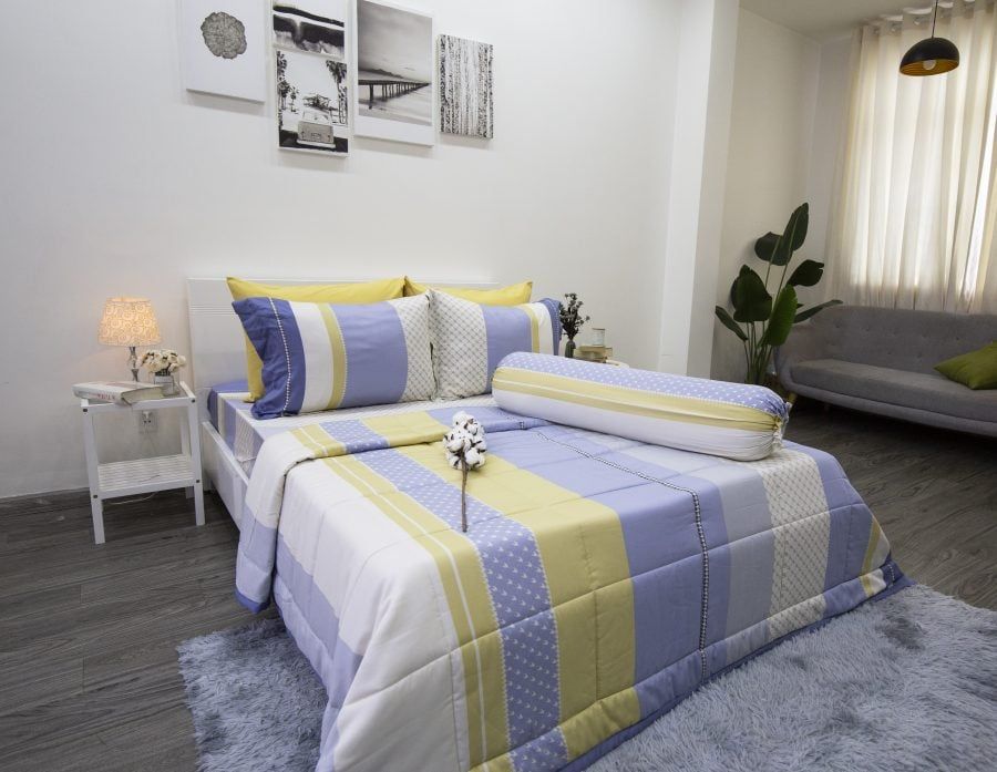  Bộ drap giường tencel lụa Sọc Tím Vàng - Ngọc Hạnh Bedding 