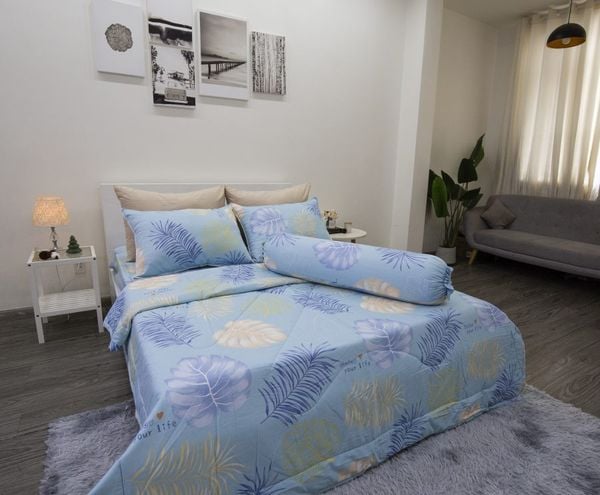 BỘ CHĂN GA COTTON CM LÁ CỌ XANH BIỂN- CHĂN GA COTTON NGỌC HẠNH