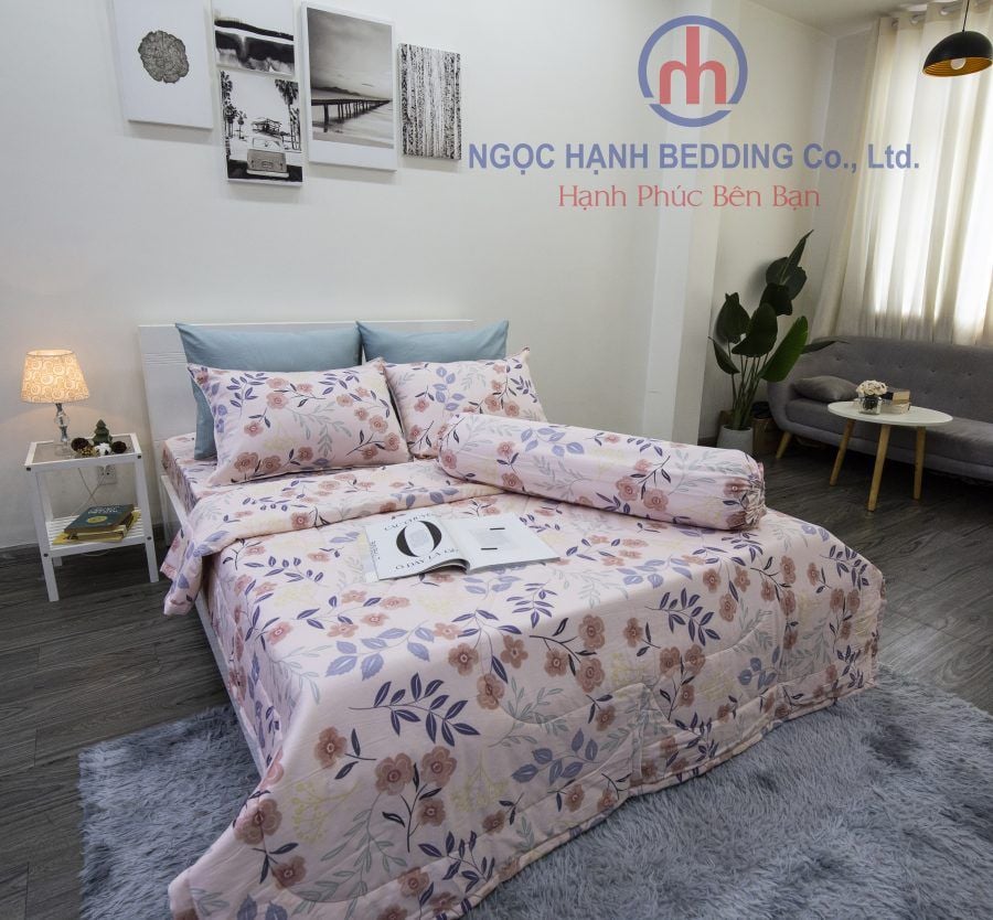  BỘ DRAP GIƯỜNG COTTON CM HỒNG HOA NHÍ - NGỌC HẠNH BEDDING 