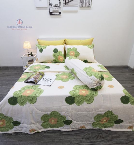  BỘ DRAP GIƯỜNG COTTON CM BÔNG LỚN XANH CỐM - NGỌC HẠNH BEDDING 