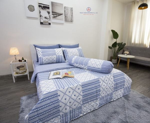 BỘ CHĂN GA COTTON CM Ô VUÔNG TRÁI TIM - NGỌC HẠNH BEDDING