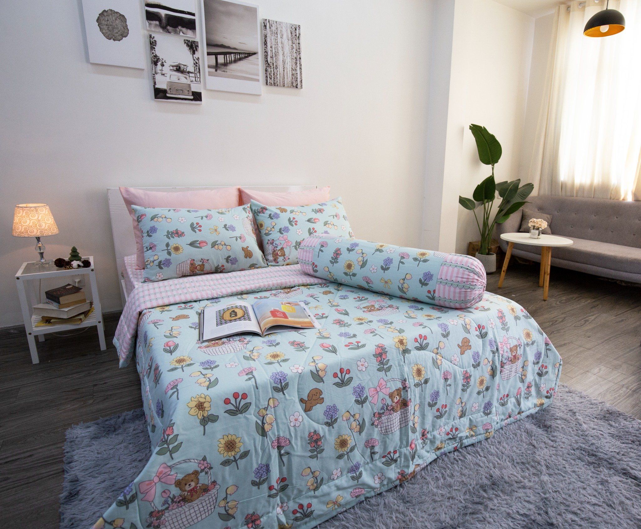  BỘ DRAP GIƯỜNG COTTON CM XANH MINT VƯỜN HOA - NGỌC HẠNH BEDDING 