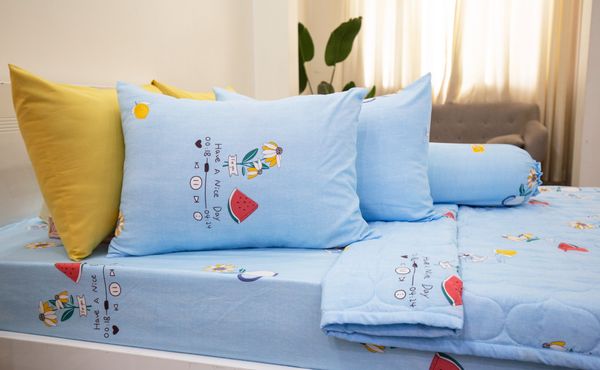 Bộ Drap Giường Microfiber Xanh Dương Hoạ Tiết - Ngọc Hạnh Bedding