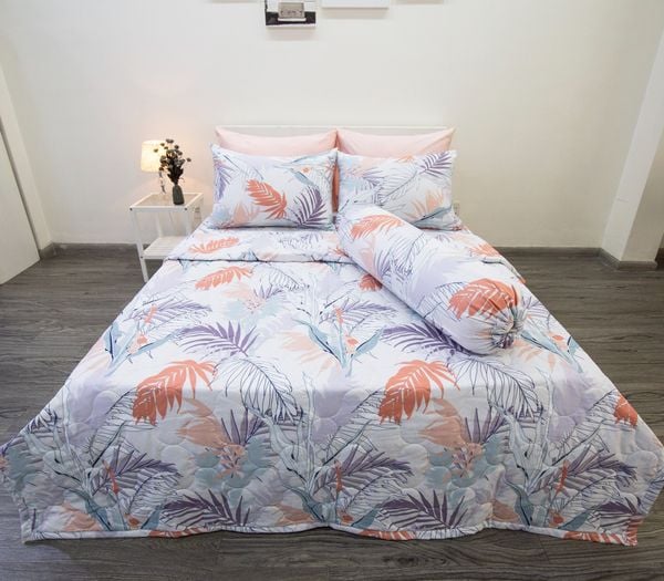 Bộ Chăn Ga Microfiber Lá Cọ Hồng - Ngọc Hạnh Bedding