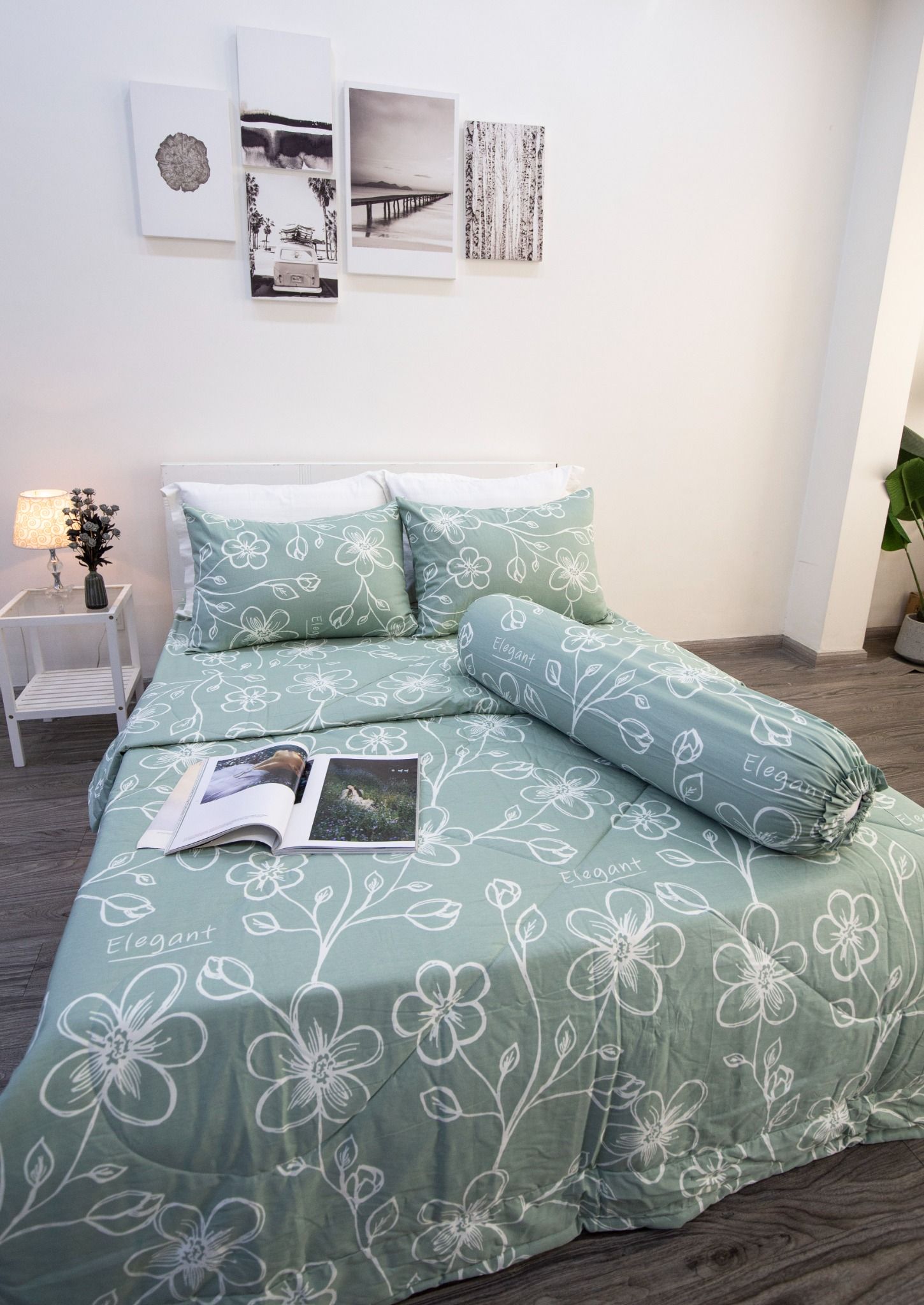  BỘ DRAP GIƯỜNG COTTON HOẠ TIẾT HOA XANH MINT - NGỌC HẠNH BEDDING 