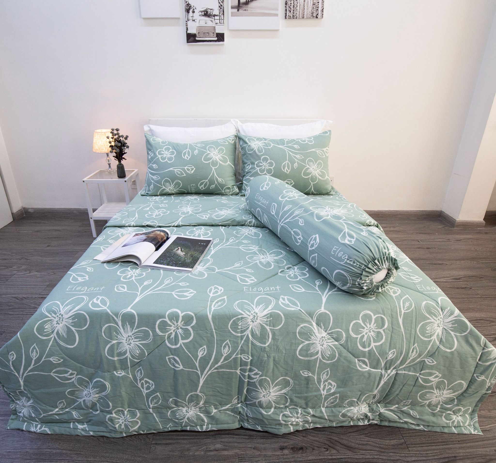  BỘ DRAP GIƯỜNG COTTON HOẠ TIẾT HOA XANH MINT - NGỌC HẠNH BEDDING 