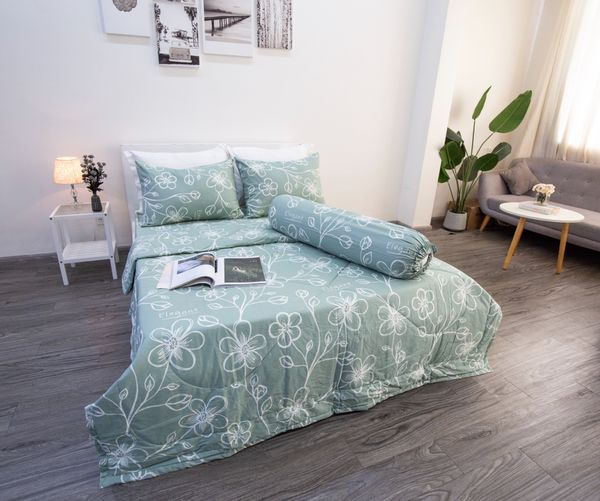 BỘ DRAP GIƯỜNG COTTON HOẠ TIẾT HOA XANH MINT - NGỌC HẠNH BEDDING