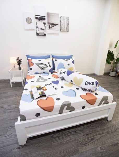  BỘ CHĂN GA COTTON HOẠ TIẾT TRÁI TIM ĐỎ nệm 5cm 10cm 15cm 20cm - NGỌC HẠNH BEDDING 