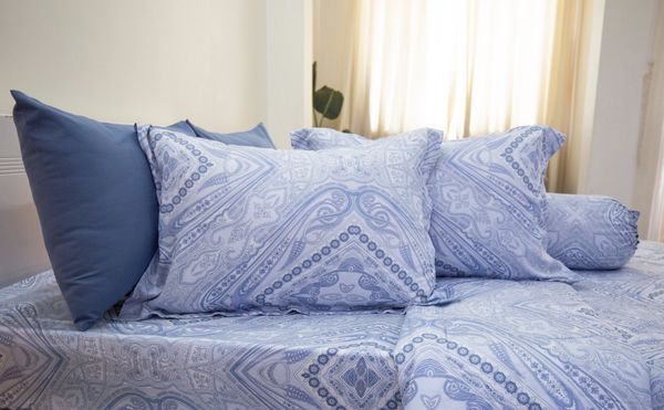 Bộ Drap Giường Tencel Lụa Hoa Văn Xanh Dương - Ngọc Hạnh Bedding